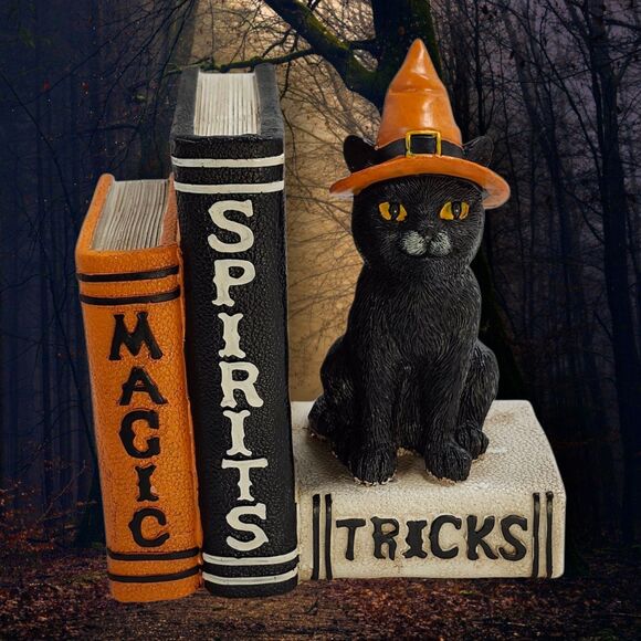 Black Cat Halloween Book Stack Decor Witch Hat Magic Spirits Tricks Cute Ashland - Picture 1 of 11
